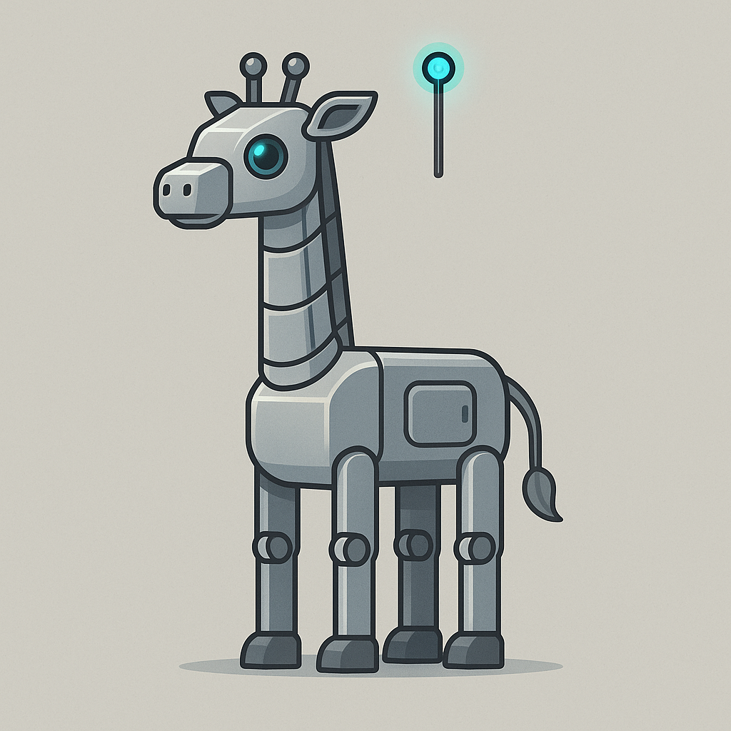 Illustration einer silbernen Roboter-Giraffe mit metallischem Körper und leuchtend blauen Augen, dargestellt vor hellem Hintergrund im futuristischen Stil.